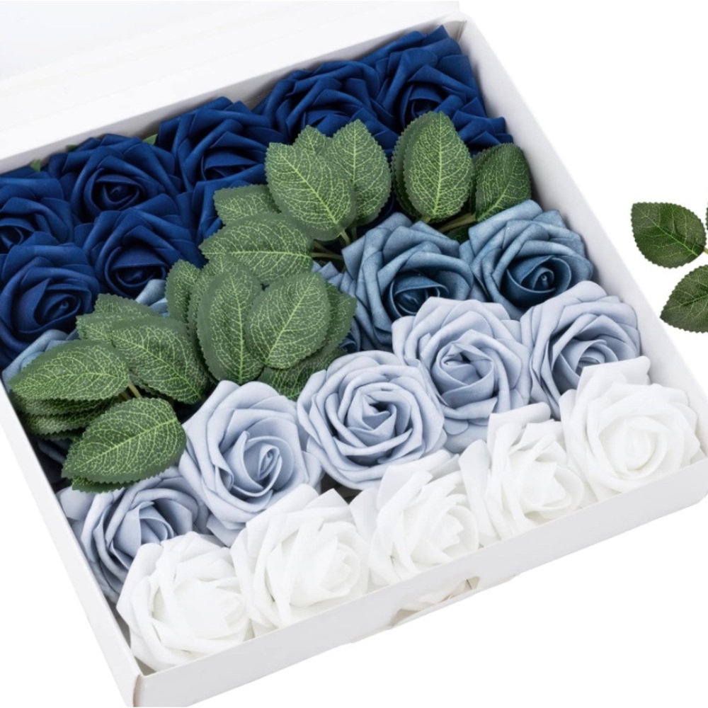 25 Count Navy Blue Shades Roses Wedding Bouquet Flowers Centerpiece Dusty White